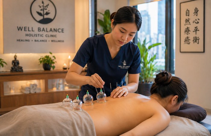 patient receiving acupuncture and cupping therapy in wellness clinic