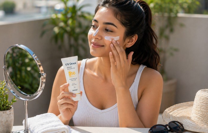 person applying sunscreen evenly on face and neck before stepping outdoors