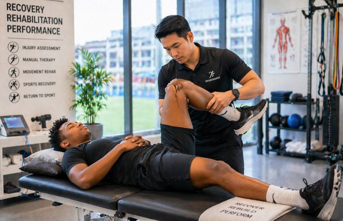 athlete receiving physiotherapy treatment for sports injury recovery