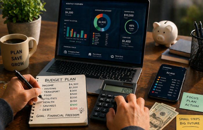 person planning budget and tracking expenses with notebook and calculator