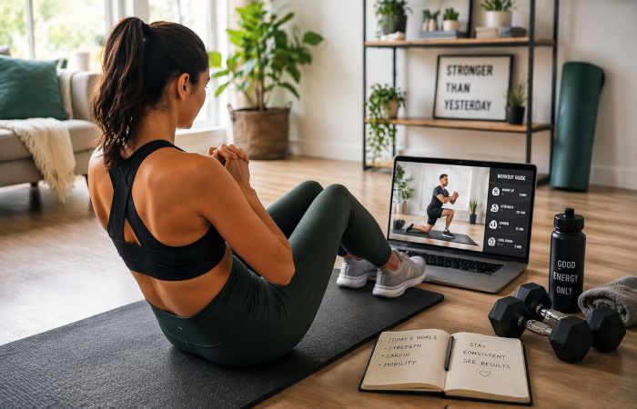 person following workout plan on laptop while exercising at home