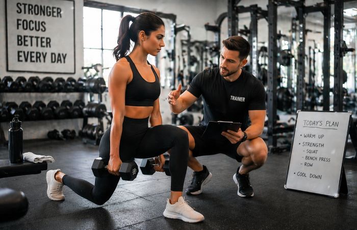 fitness trainer guiding client during workout session in gym