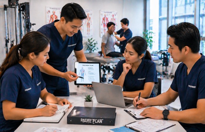 healthcare professionals discussing treatment plan in clinic setting