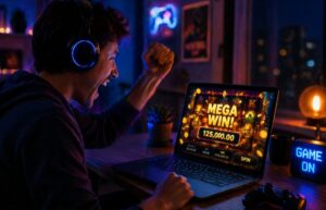 person reacting to online slot game results while playing on laptop