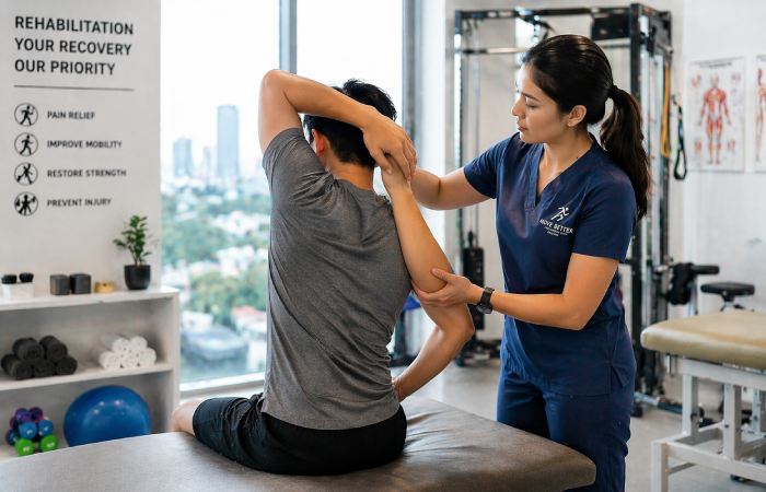 therapist assessing patient posture and movement during rehabilitation session