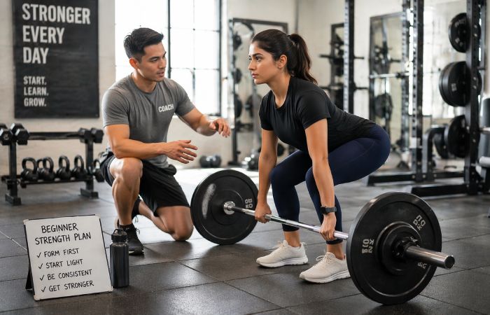 beginner performing strength training exercise in gym environment