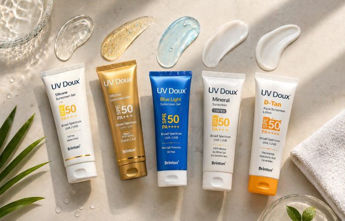 different sunscreen textures including gel lotion and mineral cream on neutral background